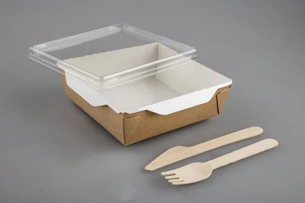 Food Cardboard Box Wooden Fork Knife — Stock Photo, Image