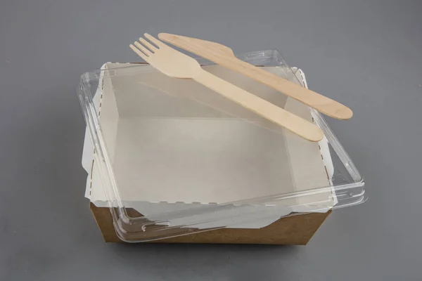 Food Cardboard Box Wooden Fork Knife — Stock Photo, Image