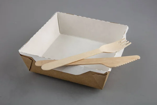 Boîte Carton Alimentaire Avec Fourchette Couteau Bois — Photo