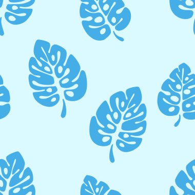 Yaz Dikişsiz desen - mavi monstera tropikal palmiye ağacı yaprakları.