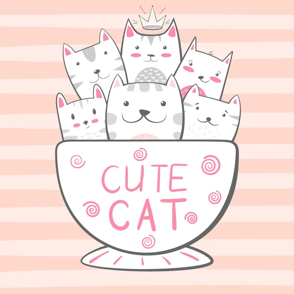 Gato, personajes de gatitos. Ilustración de café y té . — Vector de stock