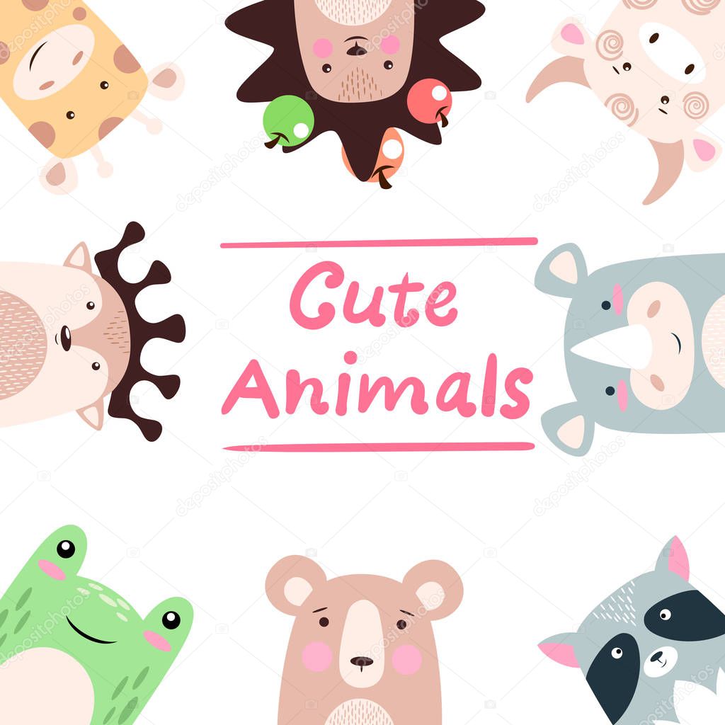 Set animals - giraffe, hedgehog, cow, bull, rhino, raccoon bear frog deer Hand draw