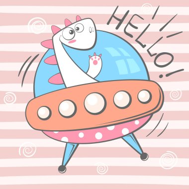 Şirin, serin, güzel, komik, çılgın, güzel dino karakter. UFO illüstrasyon.