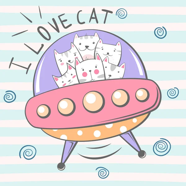 Mignon, cool, joli, drôle, fou, beau personnage de chat. Illustration Ufo . — Image vectorielle