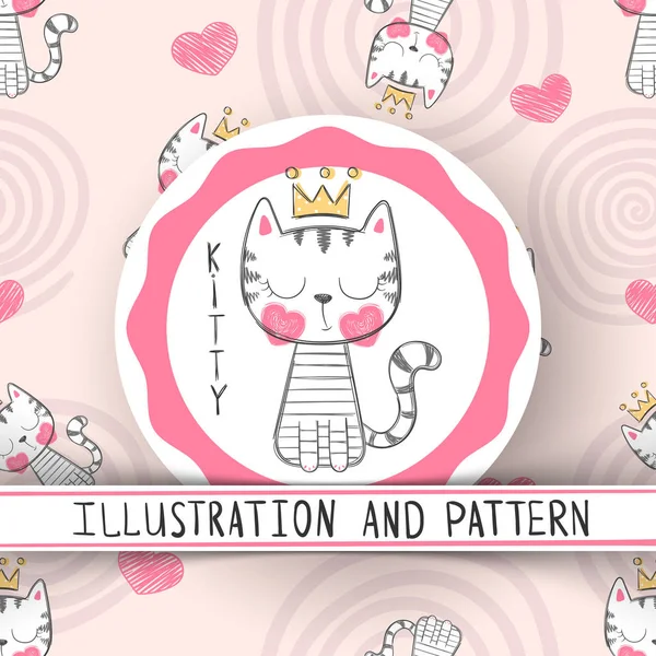 Chat mignon - dessin animé motif sans couture — Image vectorielle