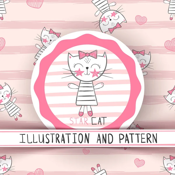 Chat mignon - dessin animé motif sans couture — Image vectorielle