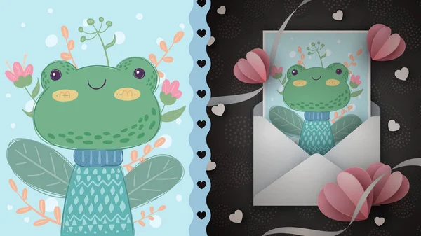 かわいいカエル – グリーティングカードのアイデア. — ストックベクタ