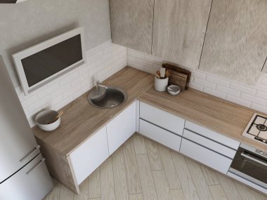 Beyaz mutfak çağdaş stil, 3 boyutlu görüntüleri