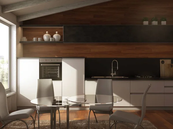 木製の床と壁の背景を持つモダンなホワイトグレーのキッチン — ストック写真
