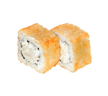 İki sıcak kızarmış suşi peynir ve tavuk ile alır. Beyaz arka plan üzerinde izole. Menü.