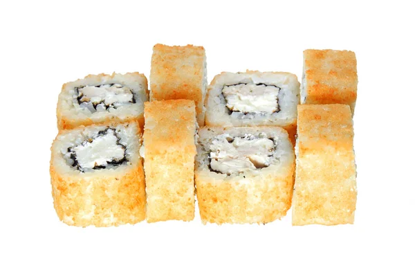 Rolos Sushi Fritos Quentes Com Frango Queijo Isolado Fundo Branco — Fotografia de Stock