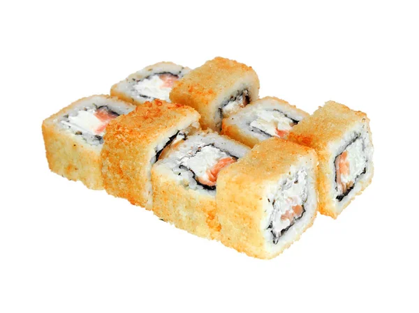 Gedeelte Heet Gebakken Sushi Rolt Met Zalm Kaas Geïsoleerd Een — Stockfoto