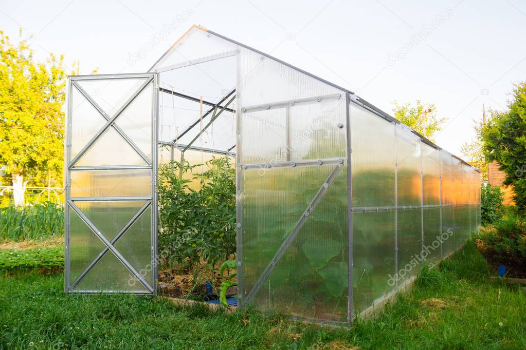 Polycarbonate greenhouse in the garden. Triangular roof.