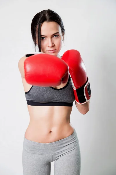 Sporty Sexy Girl Boxing Gloves White Background Direct Hit — Stock Photo, Image