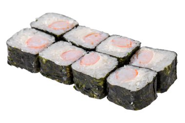 Sushi roll with shrimps and cheese. Isolated on white background. Traditional Japanese dish.