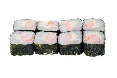 Sushi roll with shrimps and cheese. Isolated on white background. Traditional Japanese dish.