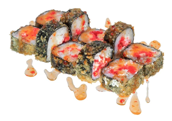 Hot Fried Sushi Roll Cheese Caviar Tobiko Sauce Chicken Isolated — Stock Photo, Image