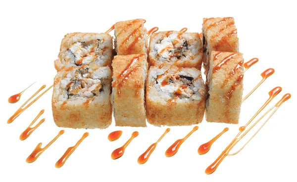 ホットの揚げ太巻きは チーズとムール貝 白い背景上に分離 日本料理メニュー — ストック写真