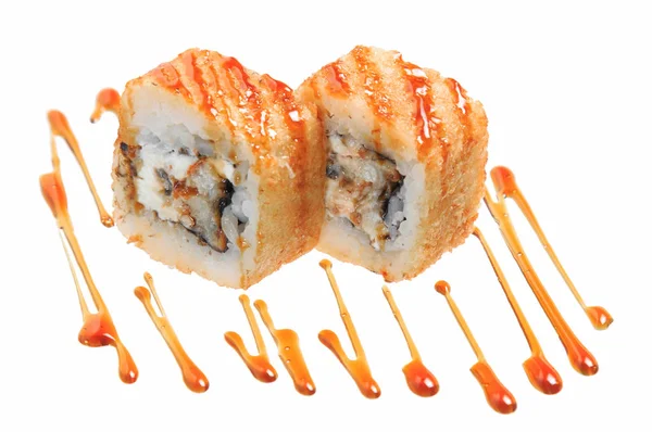 Hot Fried Sushi Roll Cheese Mussels Isolated White Background Japanese — Stock Photo, Image