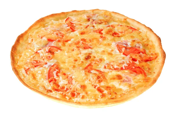 Pizza Apetitosa Com Queijo Tomates Bacon Isolado Sobre Fundo Branco — Fotografia de Stock