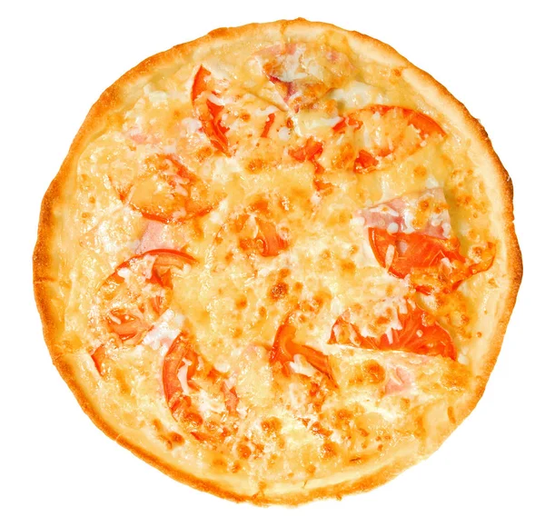 Pizza Apetitosa Com Queijo Tomates Bacon Isolado Sobre Fundo Branco — Fotografia de Stock