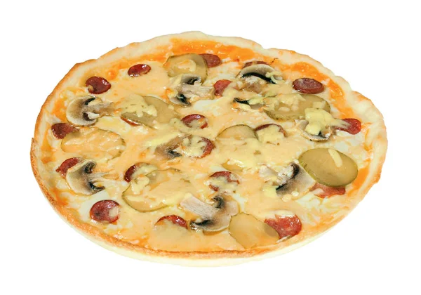 Pizza Appétissante Aux Champignons Concombres Saucisse Fromage Isolé Sur Fond — Photo