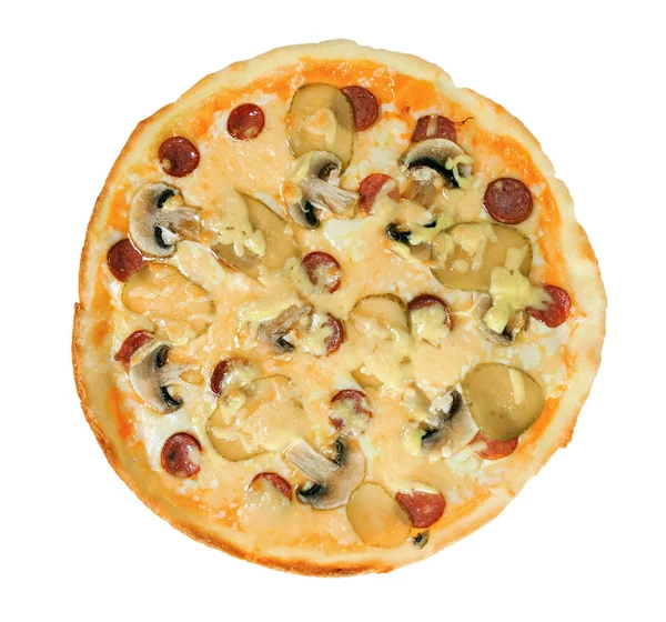 Pizza Appétissante Aux Champignons Concombres Saucisse Fromage Isolé Sur Fond — Photo