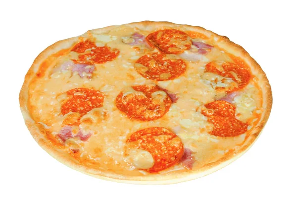 Pizza Apetitosa Com Salsicha Pepperoni Bacon Queijo Mozzarella Isolado Sobre — Fotografia de Stock