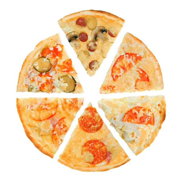Fatias Pizza Com Diferentes Coberturas Isoladas Fundo Branco — Fotografia de Stock