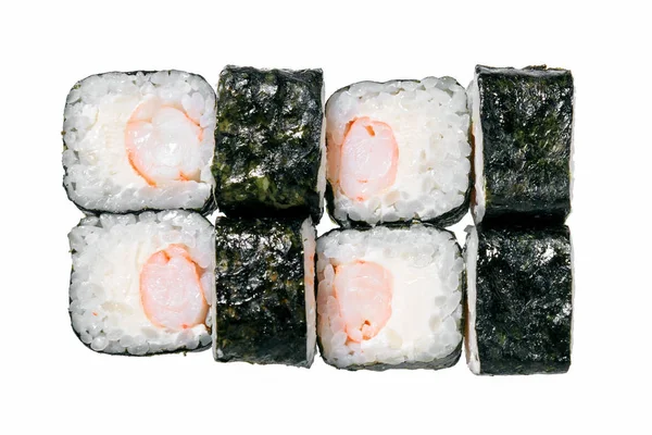 Rolo Sushi Com Camarões Queijo Isolado Fundo Branco Prato Tradicional — Fotografia de Stock