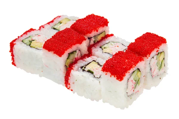 Rolo Sushi Com Carne Caranguejo Pepino Abacate Isolado Fundo Branco — Fotografia de Stock