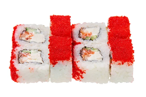 Sushi Roll Węgorza Sera Kawior Tobiko Ogórek Białym Tle Białym — Zdjęcie stockowe