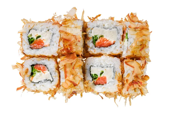 Sushi Roll Salmon Cheese Green Onions Tuna Shavings Isolated White — Stock Photo, Image