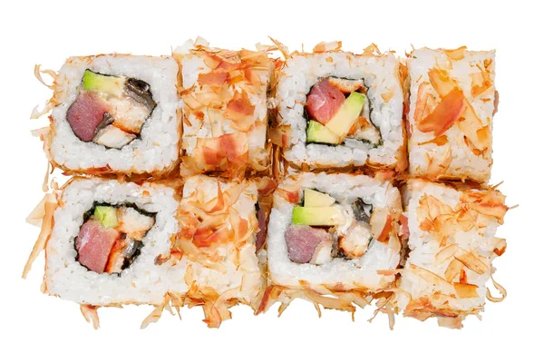 Sushi Roll Raw Fish Avocado Shavings Tuna Isolated White Background — Stock Photo, Image