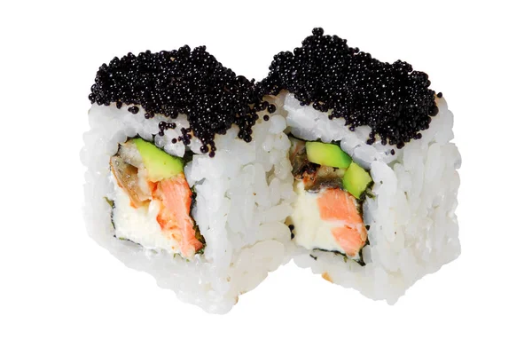 Rolos Sushi Com Salmão Enguia Queijo Abacate Caviar Tobiko Preto — Fotografia de Stock