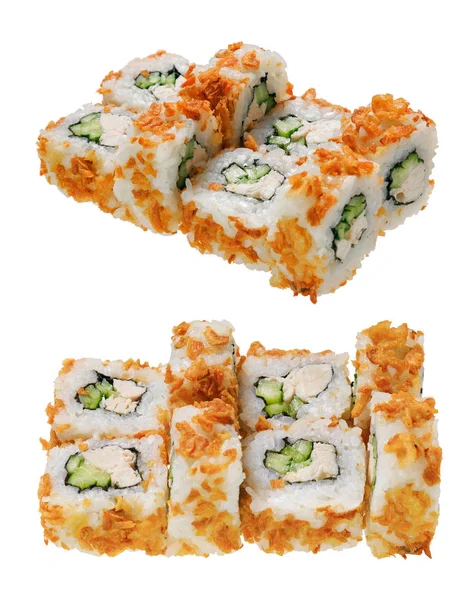 Sushi Roll Chicken Fillet Cucumber Breading Isolated White Background Asian — Stok fotoğraf