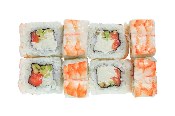 Sushi Roll Shrimp Salmon Cheese Avocado Isolated White Background Japanese — Stock Photo, Image