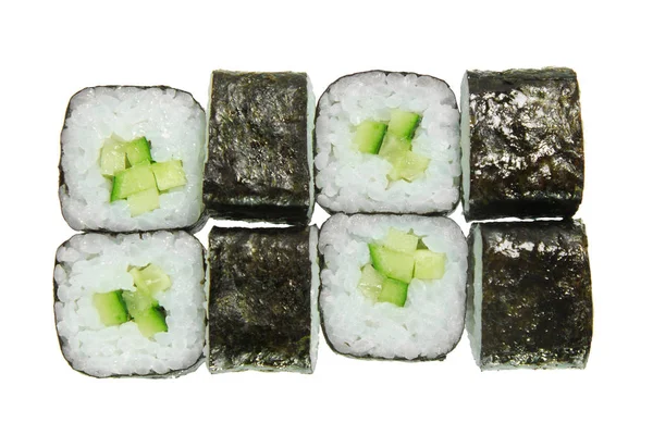 Rouleau Sushi Concombre Riz Isolé Sur Fond Blanc Plat Simple — Photo