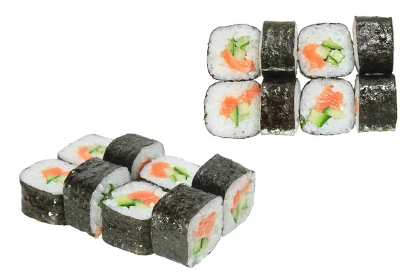 Roll Sushi Łososiem Ogórkiem Białym Tle Białym Tle Apetyczny Danie — Zdjęcie stockowe