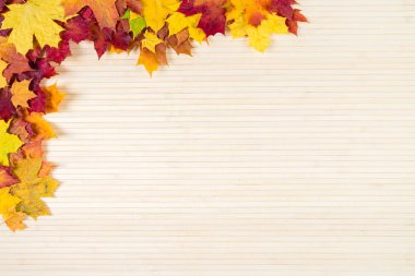 Ahşap bir arka planda sonbahar yaprakları.