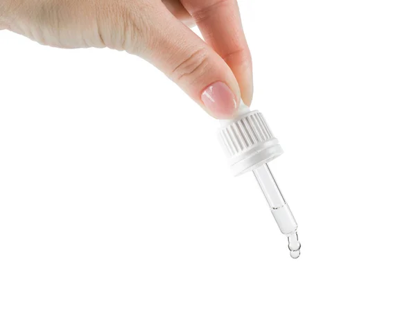 Hand Squeezes Clear Liquid Out Pipette Isolated White Background — Stock Photo, Image