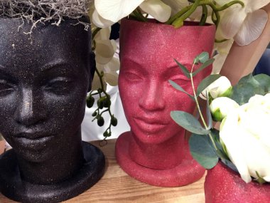 Çiçekler baş şeklinde kapalı çiçekler için bir alçı tencere büyür. Ahşap bir rafta dekoratif saksı. yeni sulu tencere Dekoratif moda