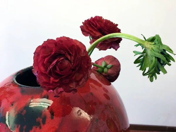 Red flower in a red ceramic round vase. Ceramic Round Flower Plant Vase Pot Container Storage Holder Basket Home Decor. Ceramic Round Bud Vase