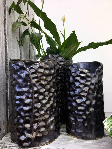 Designer High Vases. Bulk black vase. Handmade flower vase with green plant. Ceramic tall flower pot