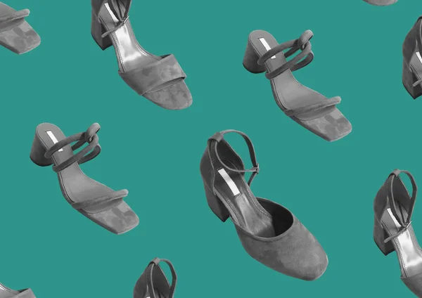 Padrão Sapatos Femininos Fundo Verde Isolado Padrão Sapatos Camurça Preto — Fotografia de Stock