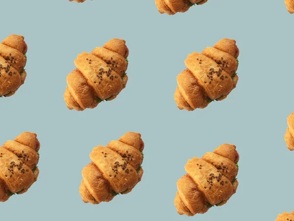 Pattern Croissants Isolated Gray Background Bakery Pattern Baked Croissant Fresh — Stock Photo, Image