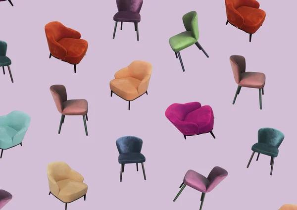 Color furniture pattern isolated on a pink background. Designer upholstered chair and armchair. Retro pattern. Photo collage for design. Chairs in modern design. Comfortable furniture