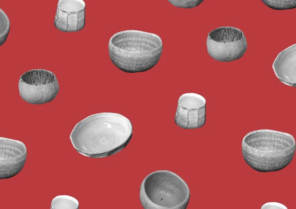 在红色背景上隔离的黑白板图案 复古模式 照片拼贴设计 现代设计的板材 陶瓷餐具 盘子和碗图案 生锈的手工陶器 — 图库照片
