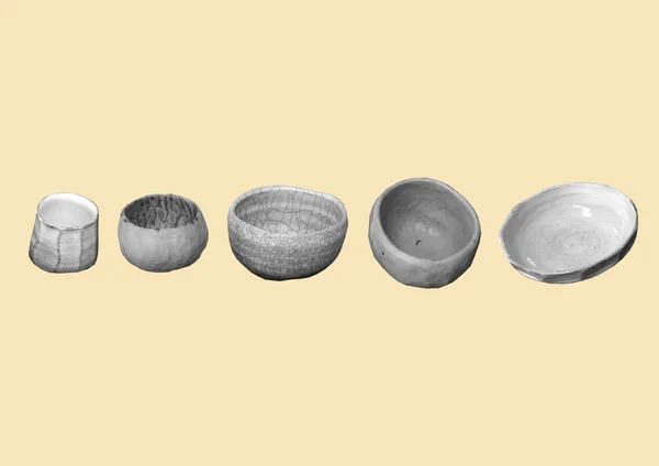 在黄色背景上隔离的黑白板图案 复古模式 照片拼贴设计 现代设计的板材 陶瓷餐具 盘子和碗图案 生锈的手工陶器 — 图库照片