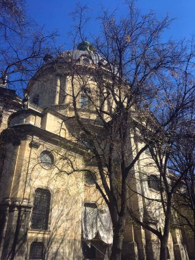 Lviv Dominik Katedrali, Ukrayna. Eski Şehir Lviv'deki kilise, Katolik Kilisesi. Sütunlu güzel eski kilise binası